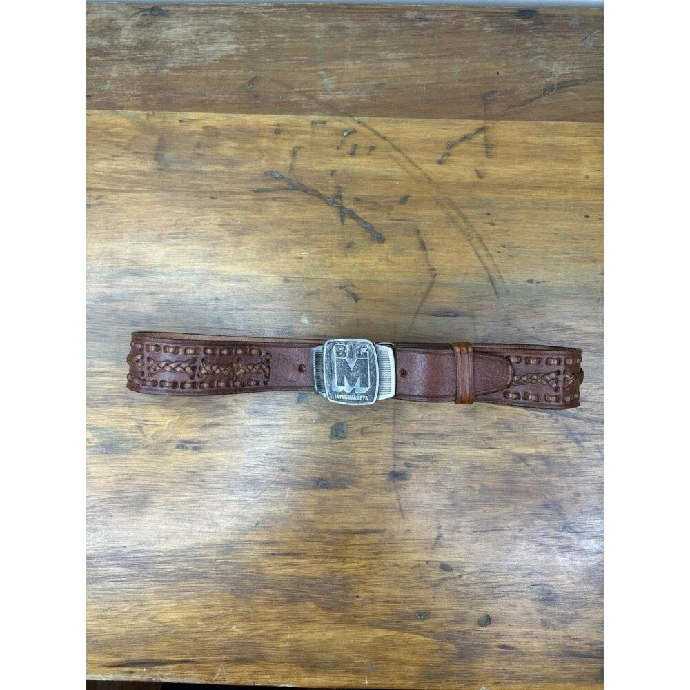 Vintage Big M Supermarkets Advertising Belt Buckle Size 34 Tooled Leather Belt
